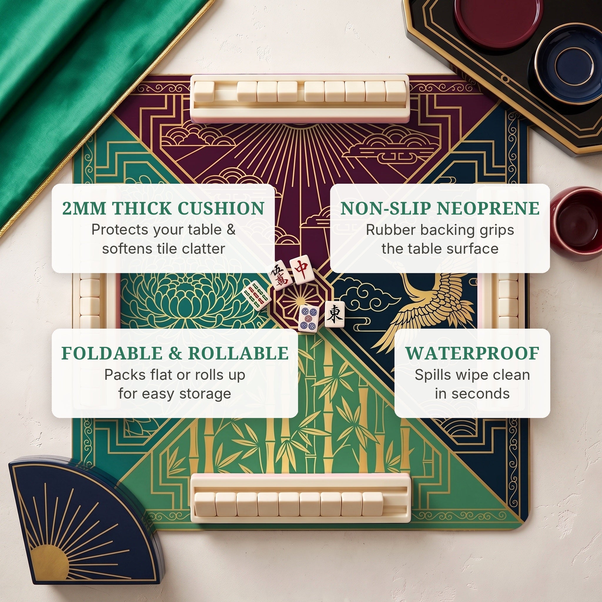 Deco Sunrise Quarters Mahjong Mat — features