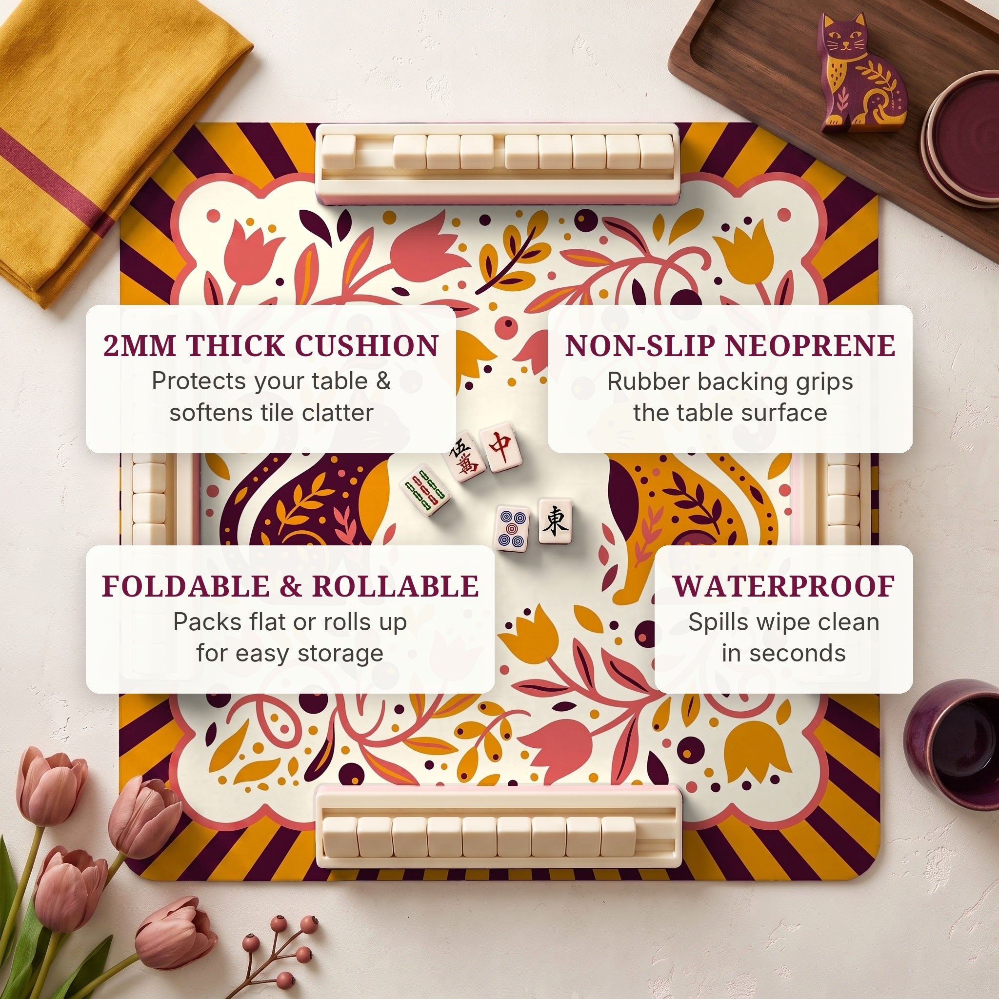 Tulip Cats Mahjong Mat — features