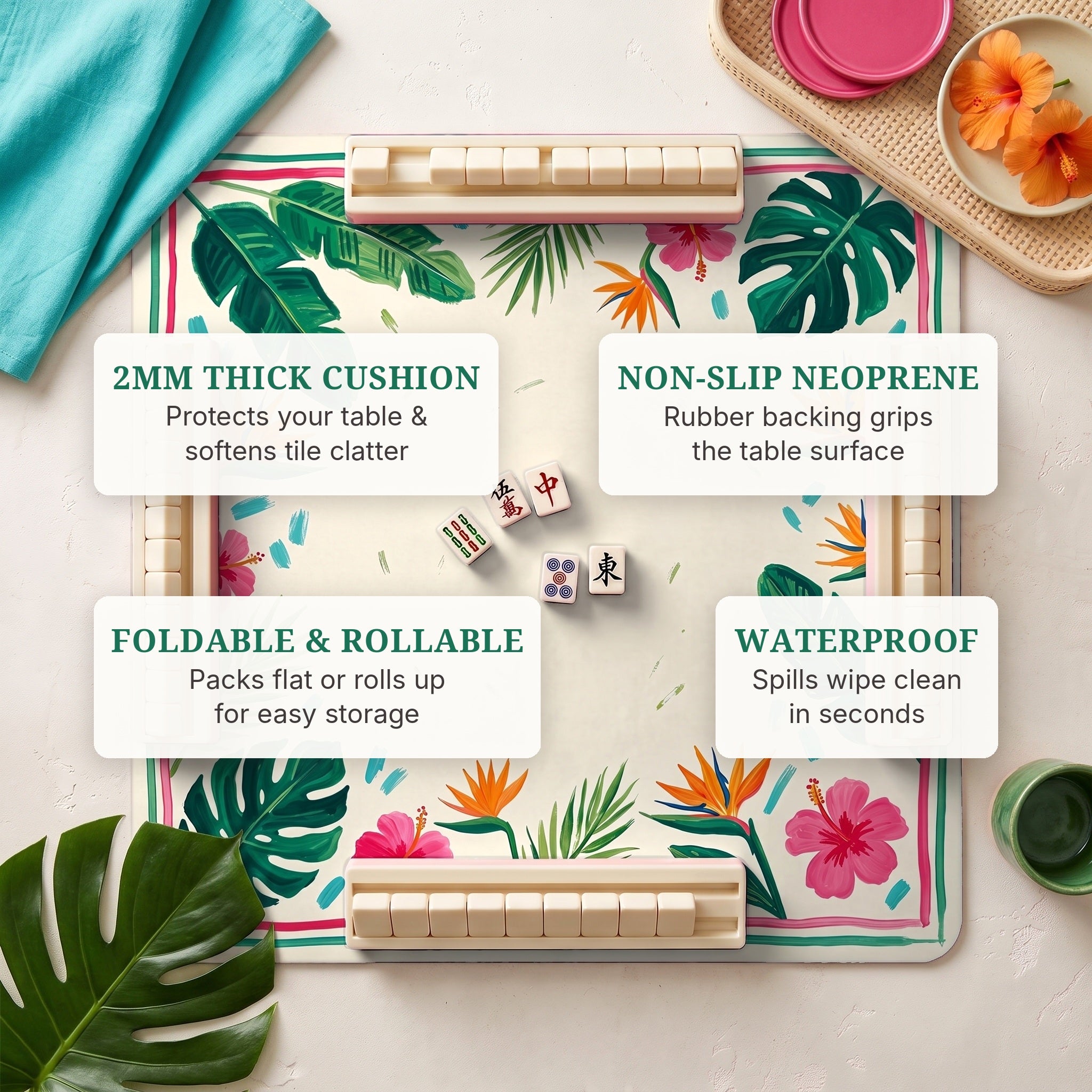 Monstera Hibiscus Mahjong Mat — features