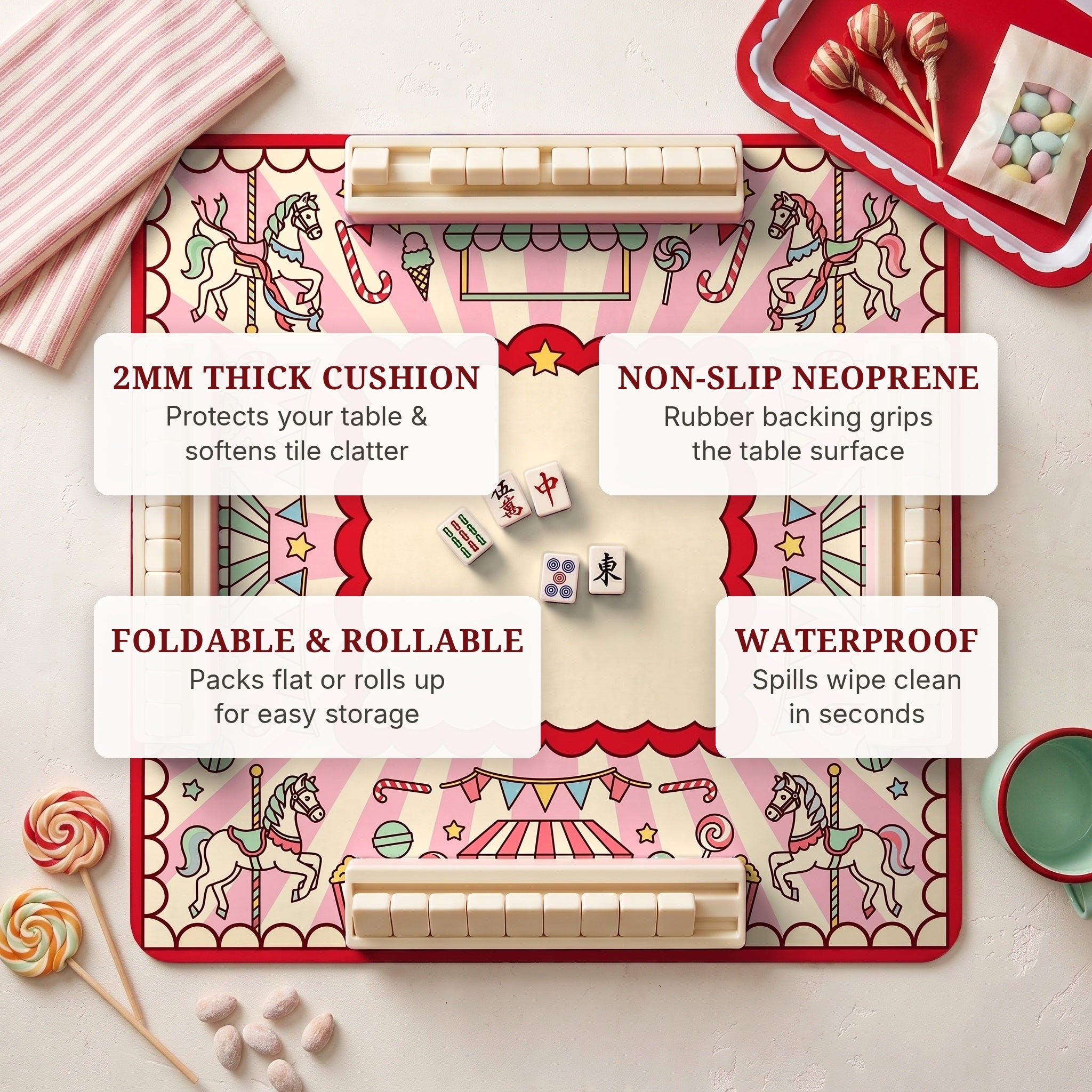 Carousel Fair Mahjong Mat — features