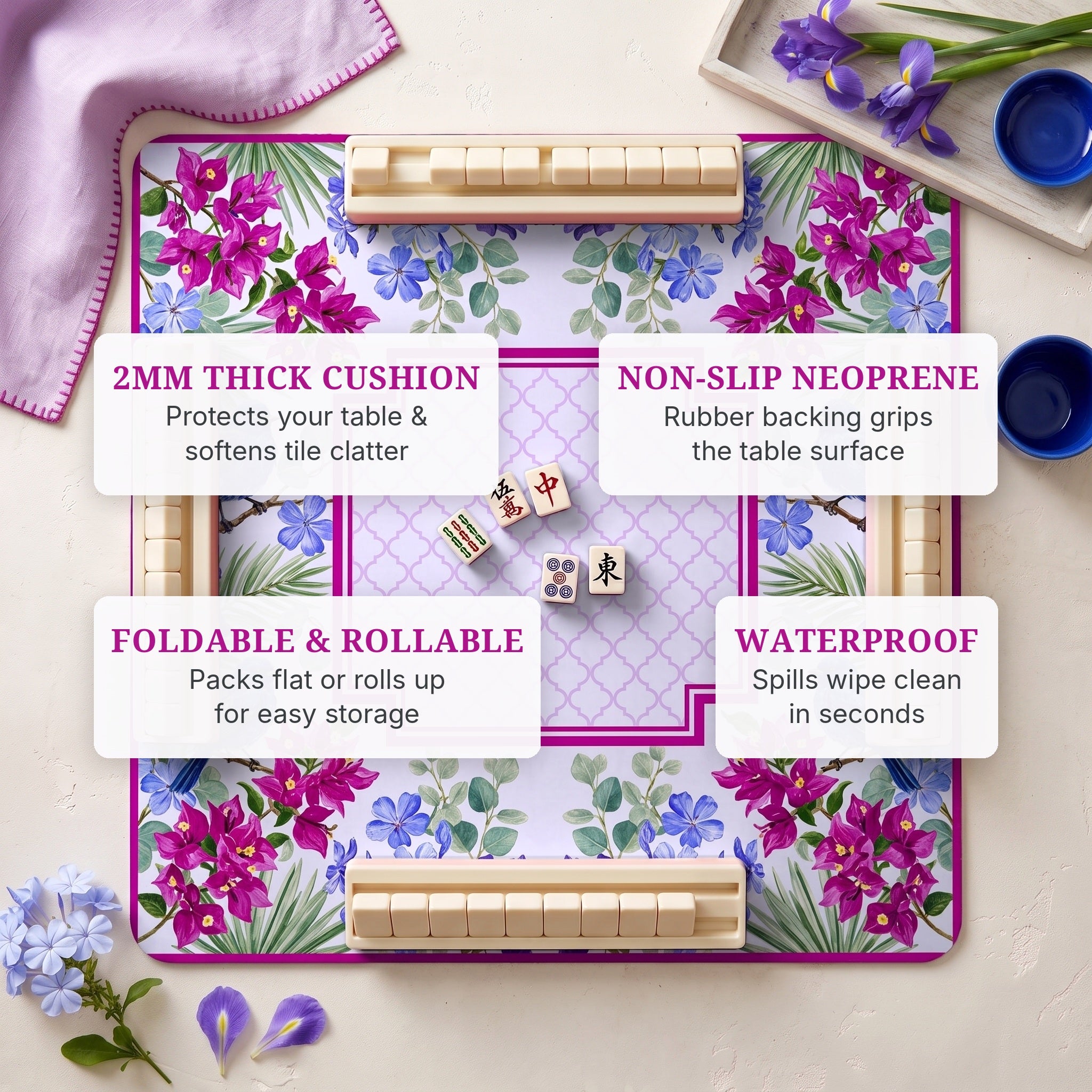 Iris Bluebird Mahjong Mat — features