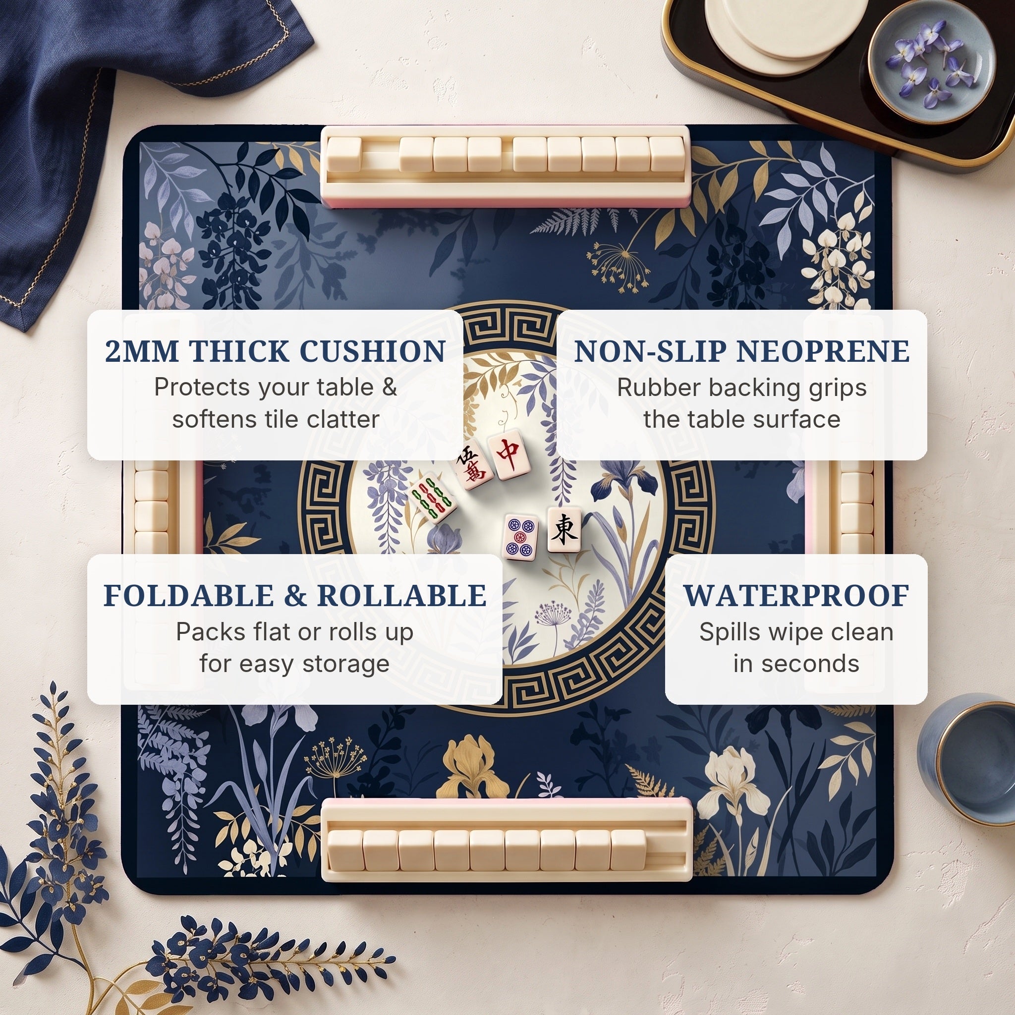 Navy Wisteria Mahjong Mat — features