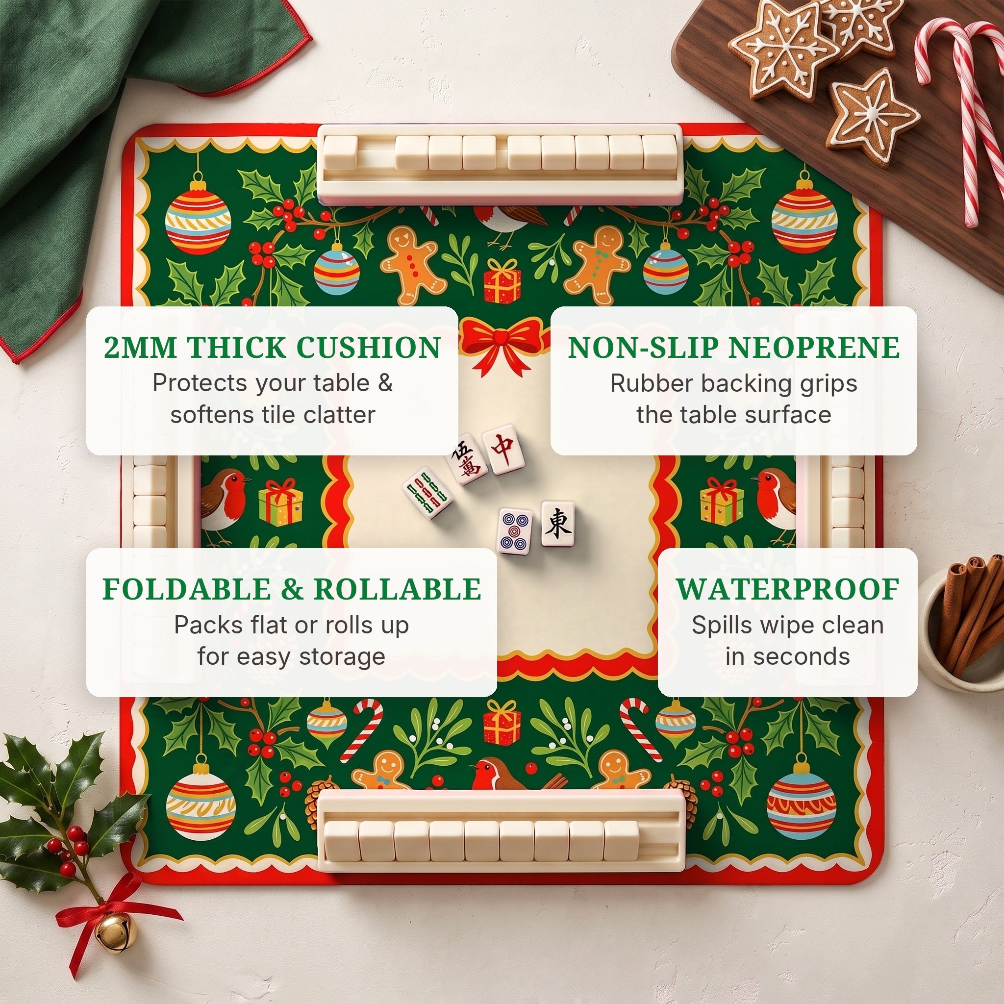Gingerbread Holly Mahjong Mat — features