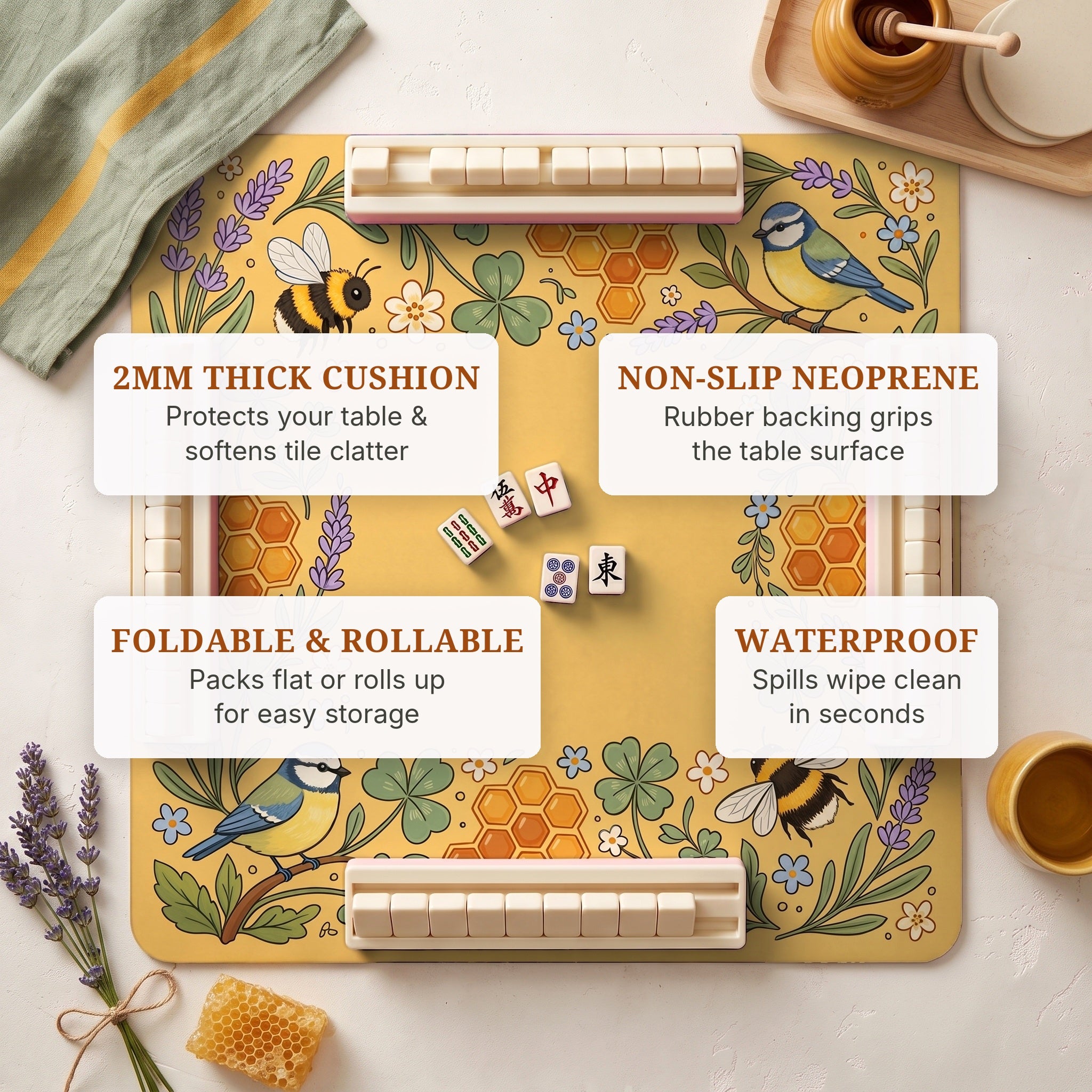 Honeybee Clover Mahjong Mat — features