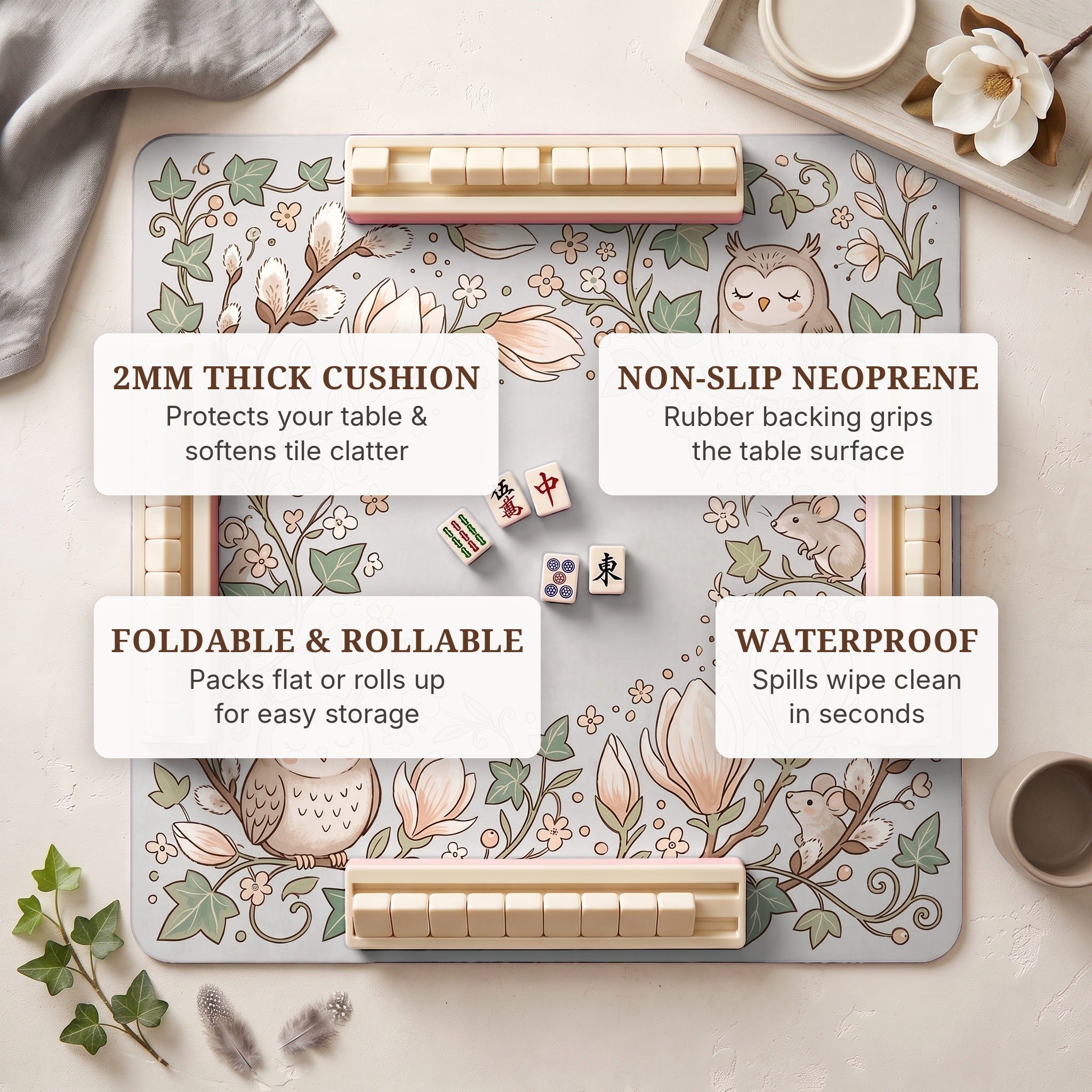 Owl Magnolia Mahjong Mat — features