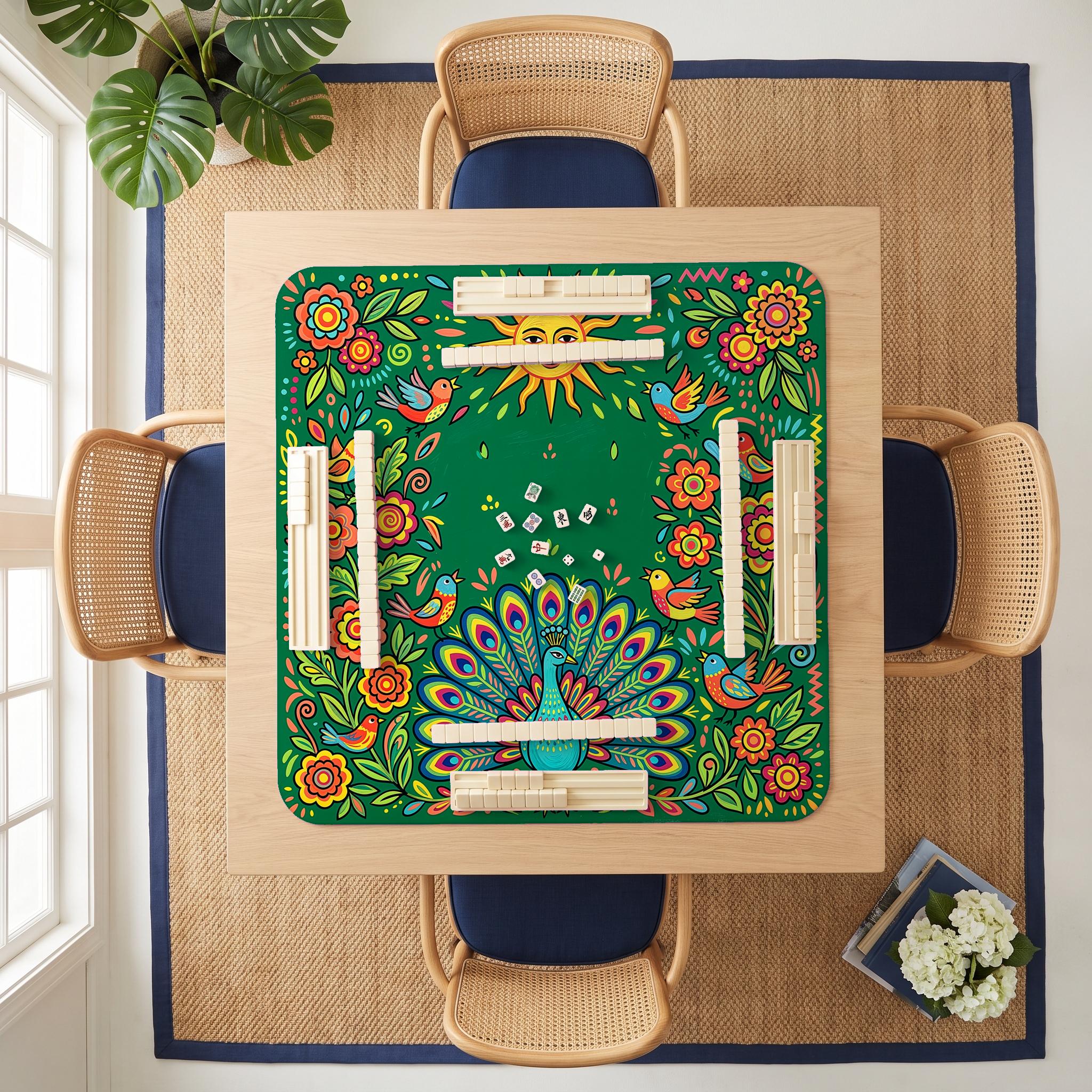 Folk Sun Peacock Mahjong Mat — room overhead