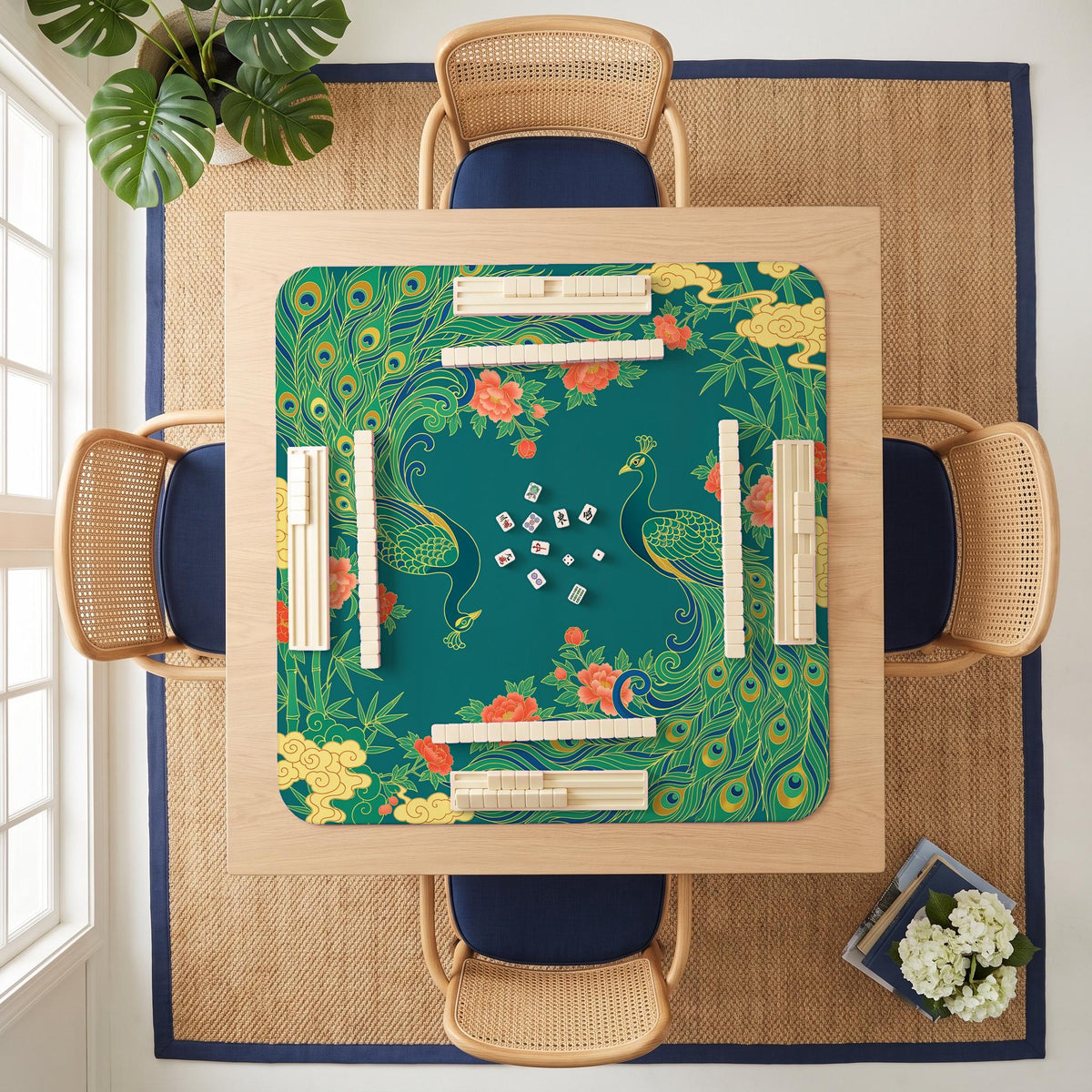 Peacock Teal mahjong mat on a rattan dining table